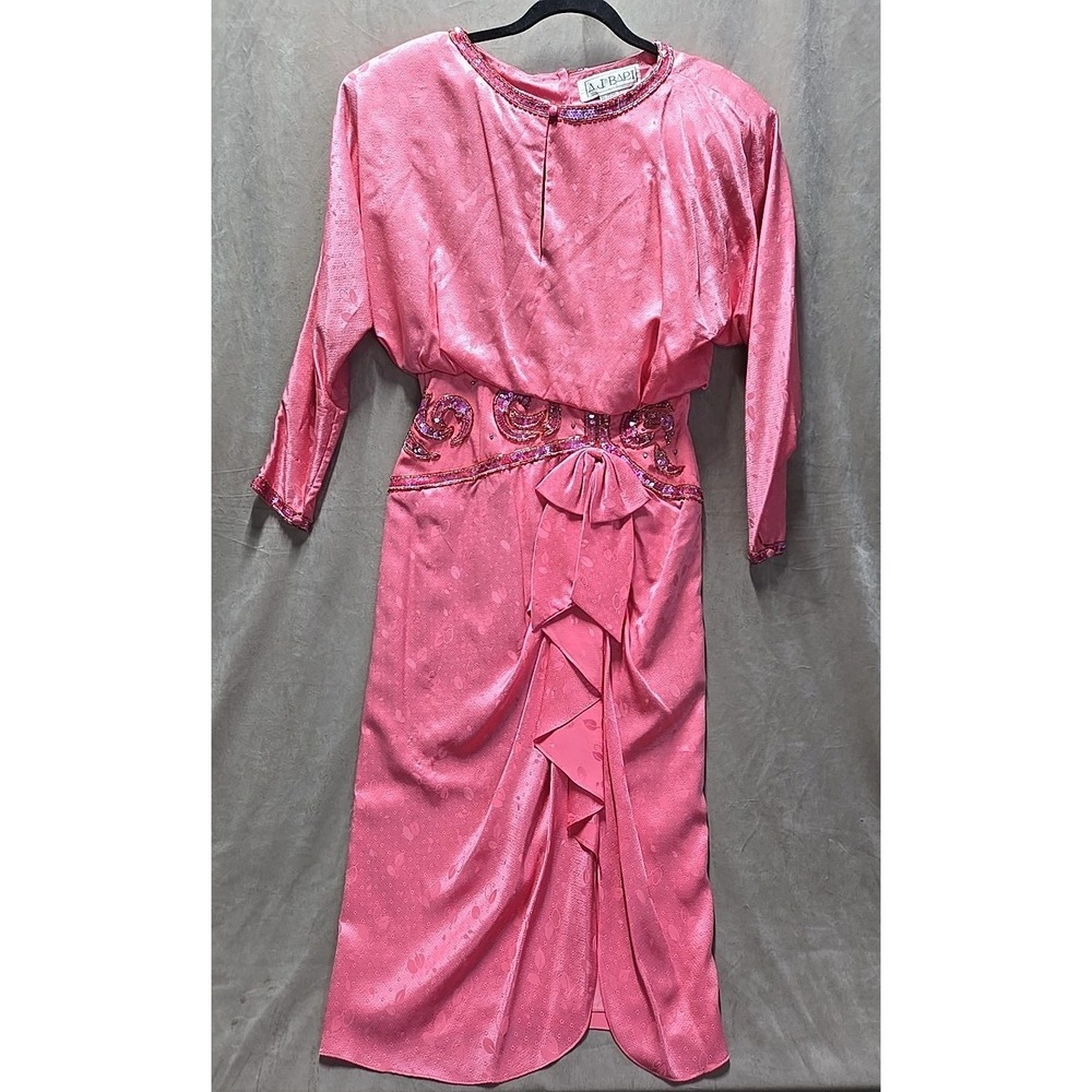 A.J. Bari Rose Pink Satin Long Sleeve Dress with Beaded Waist
